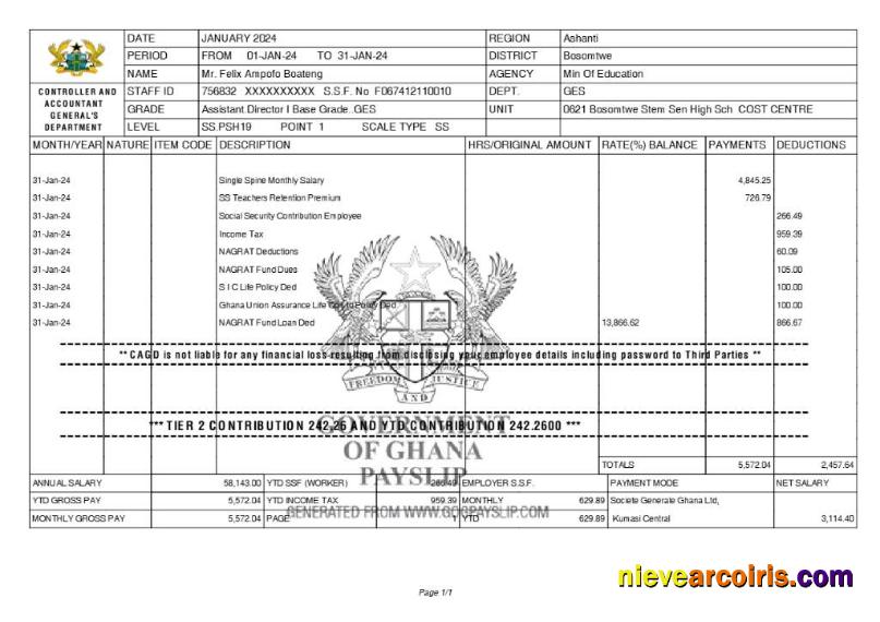 Ghana Controller and Accountant General's Department payslip